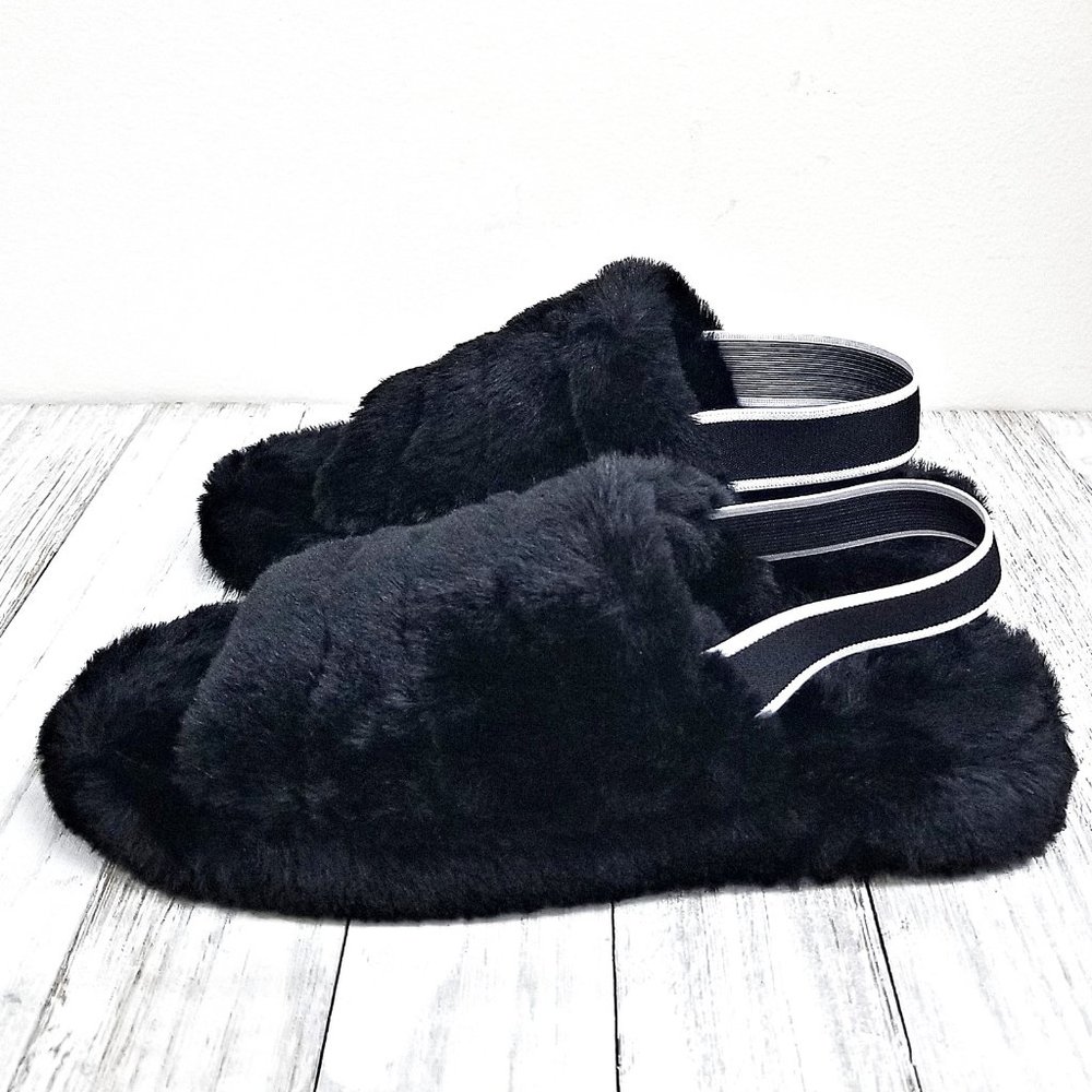 New Black Fuzz Furry Slingback Slipper Sandals - Picture 3 of 6